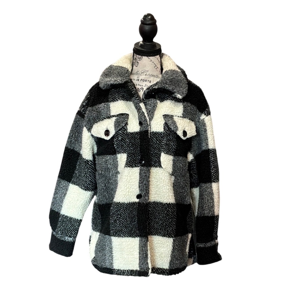 Bernardo Womens Black Cream Buffalo Plaid Faux Fur‎ Shacket Jacket Small